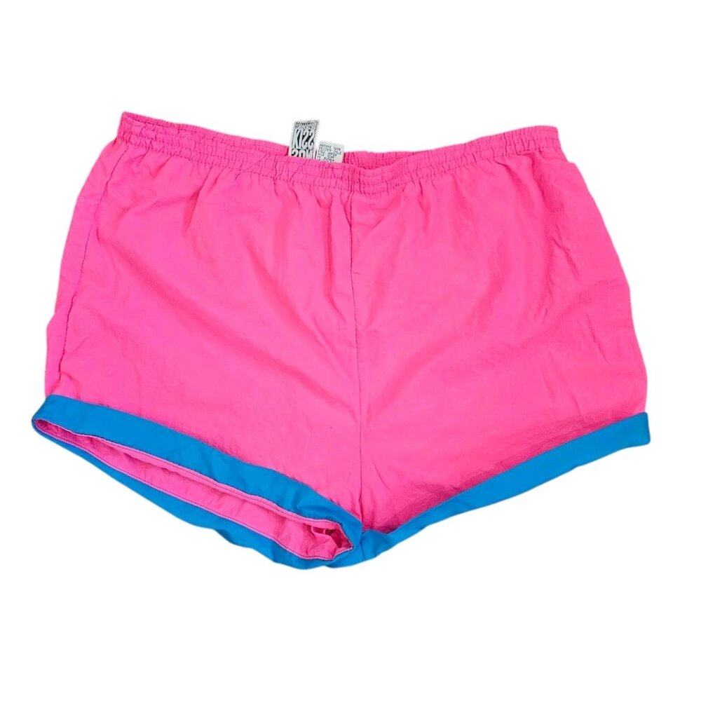80s Mens Neon Pink Swim Trunks REALLY SHORT Liner Stretched Sz L 36 to 41" Waist